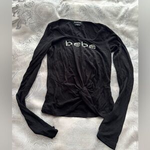 Bebe Black Rhinestone Logo Long Sleeve Top